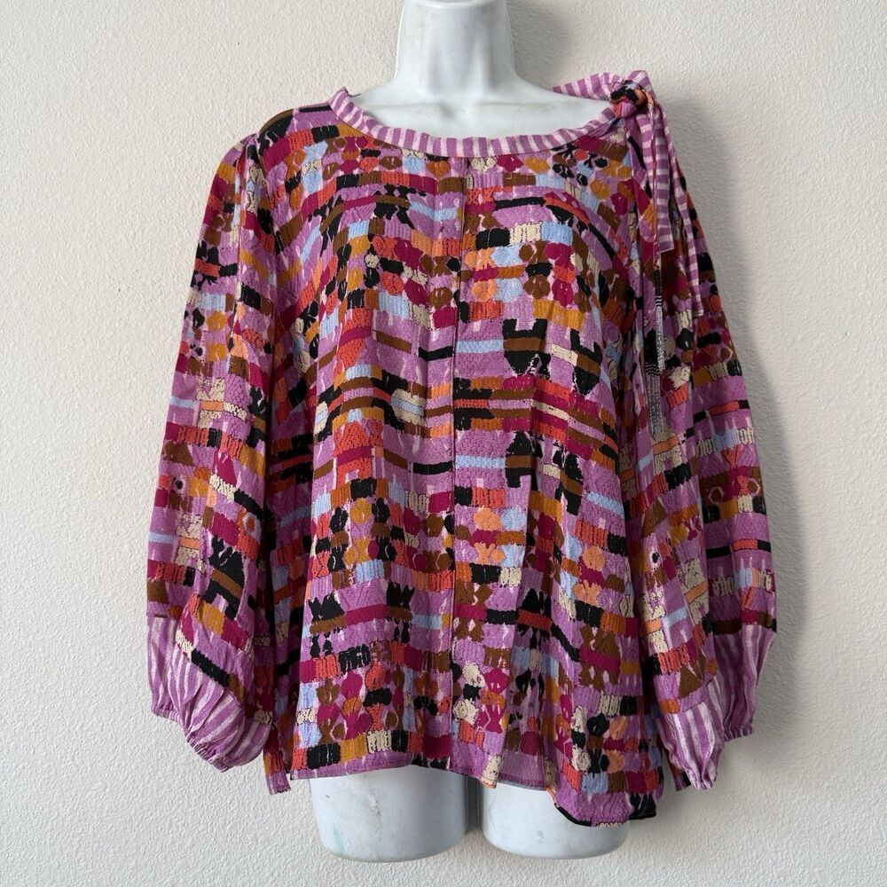 Kobi Halperin Blouse Women’s L Pink Purple Geometric Tie Neck Beaded Fringe Top